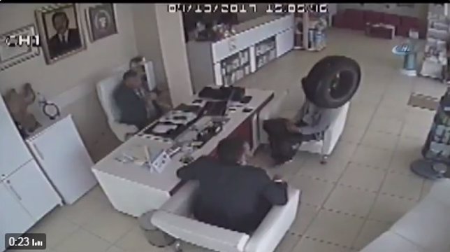 Una rueda impacta a dos hombres en el interior de una farmacia de Turquía
