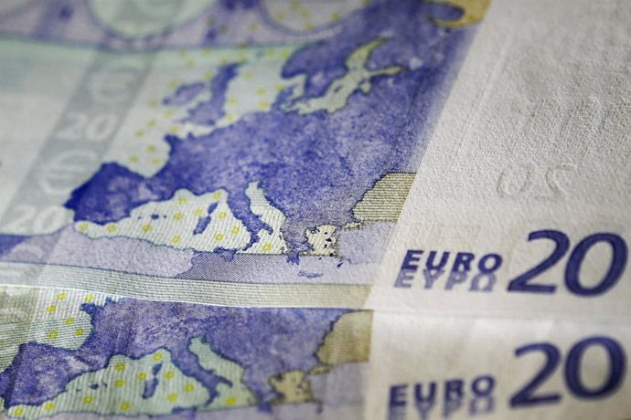 The map of Europe is depicted on a twenty euro banknote in this photo illustrati
