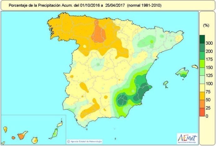 Distribución acumulada de lluvias en España del 1-9-2016 al 25-04-2017