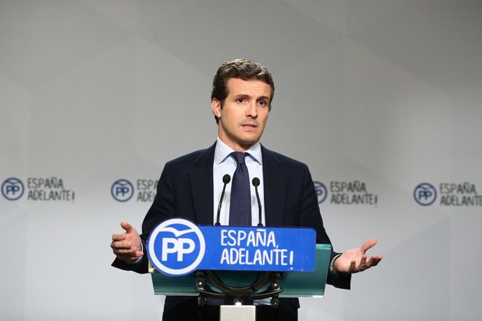 Pablo Casado en roda de premsa a la seu del PP