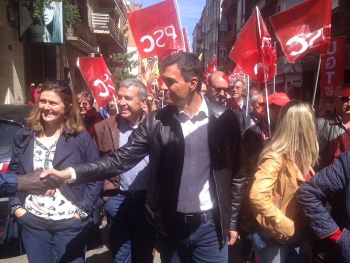 Pedro Sánchez (PSOE) en la manifestación del 1 de Mayo en Lleida
