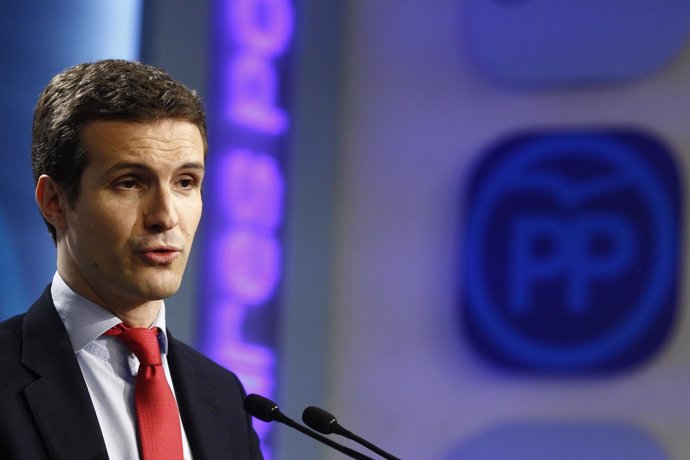 Rueda de prensa de Pablo Casado en la sede del PP