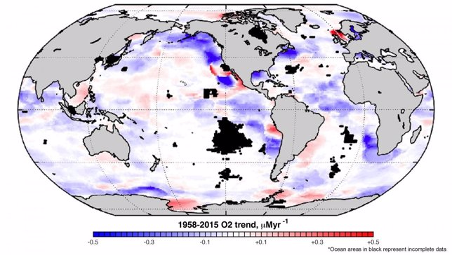 Mapa global de tendencias en el oxígeno océanico