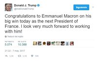 Trump felicita a Macron por su "gran victoria" y espera trabajar pronto con él