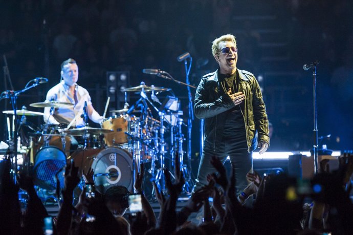 Bono of U2 performs live on stage at the O2 arena, Greenwich, London