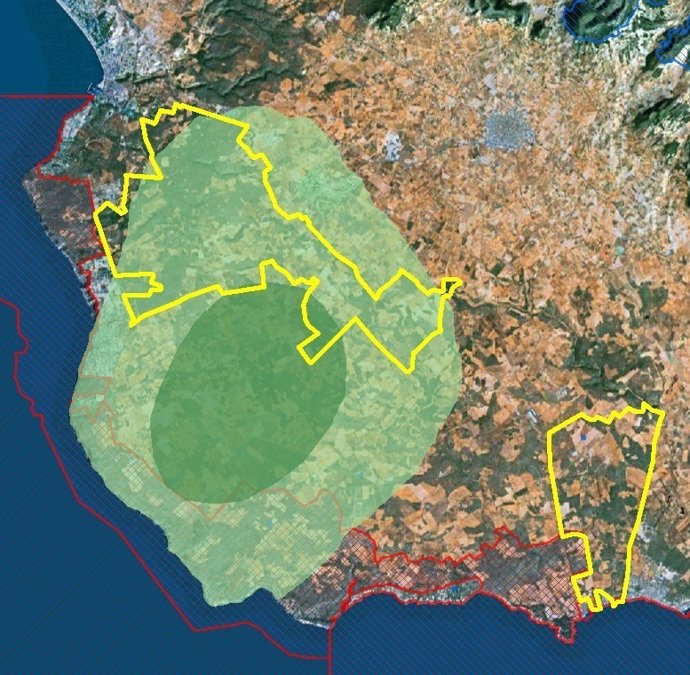 ZEPA actuales (rojo), propuesta de ampliación (amarillo) y zona de milana(verde)