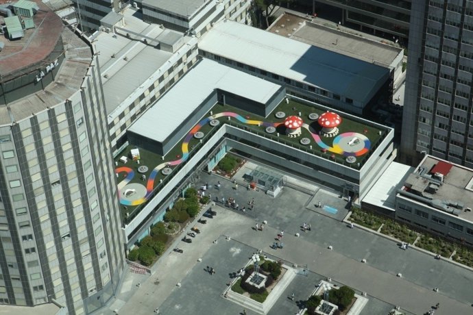 Foto aérea del jardin de la terraza exterior del hospital de La Paz
