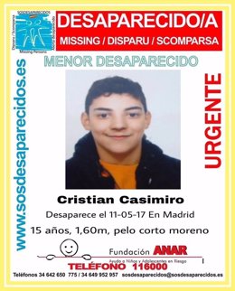 Menor de edad desaparecido en Madrid