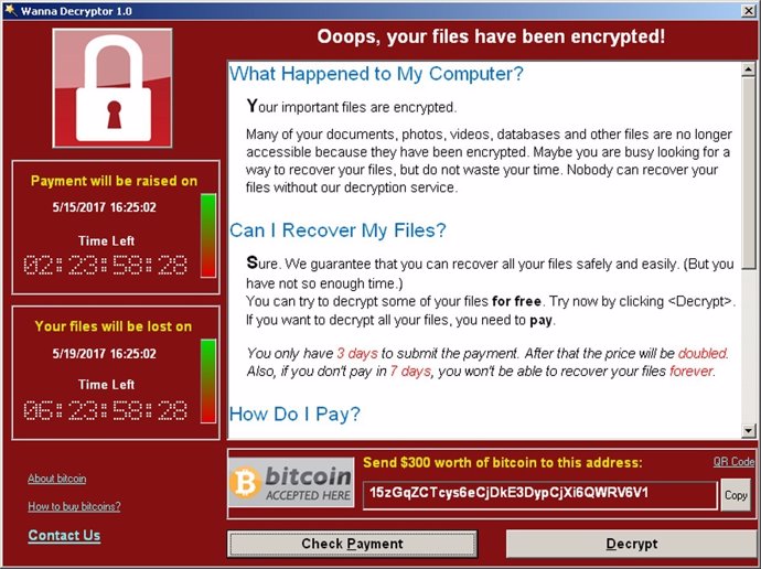 Mensaje en un orden infectado por el virus gusano ransomware WannaCry