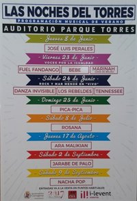 Cartel de lujo para las noches de verano en el Parque Torres con Perales, Fandango, Bebe o Jarabe de Palo