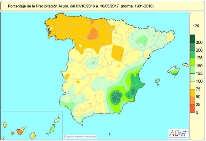 Distribución de las lluvias hasta el 16 de mayo de 2017