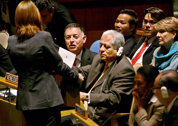 Venezuela's Ambassador to the United Nations Francisco Arias (C) watches as depu