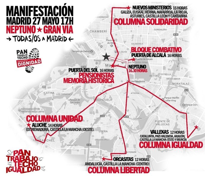Recorridos previstos por las Marchas de la Dignidad para el sábado 27 de mayo