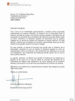 Carta del presidente Carles Puigdemont al presidente Mariano Rajoy