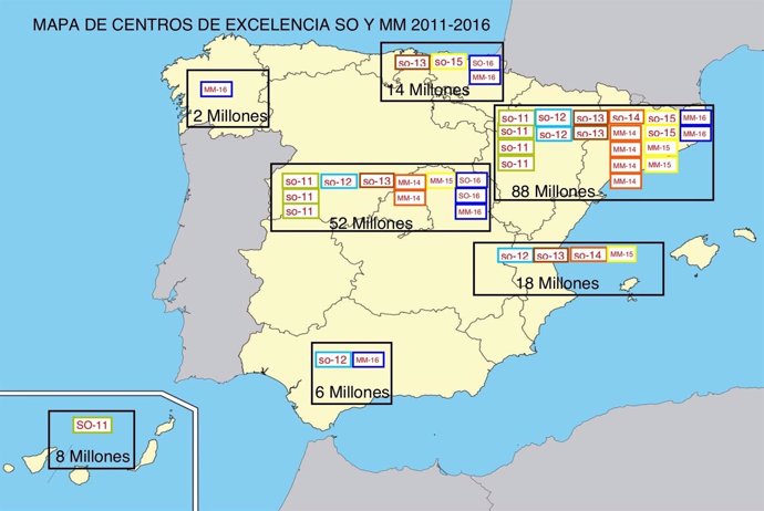 Mapa de inversiones en infraestructuras científicas en Andalucía.