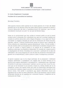 Carta de la CUP a Puigdemont