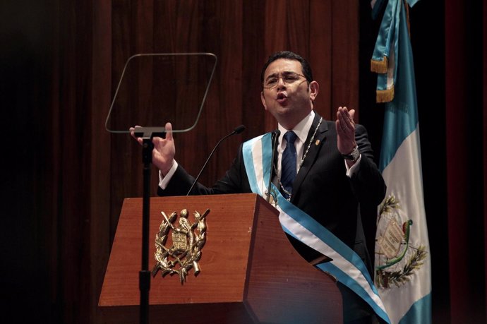 Jimmy Morales delivers a speech after being sworn-in as president of Guatemala i