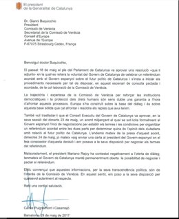 Carta del pres.  Carles Puigdemont a la Comissió de Venècia sobre un referèndum