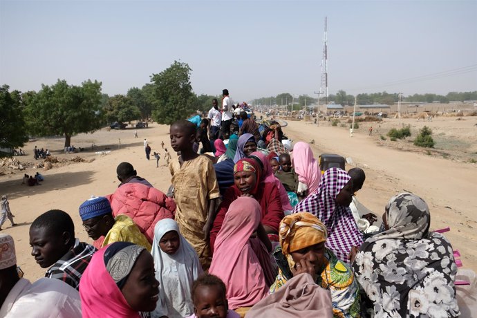 Un grupo de refugiados esperan a ser trasladados en el norte de Nigeria.