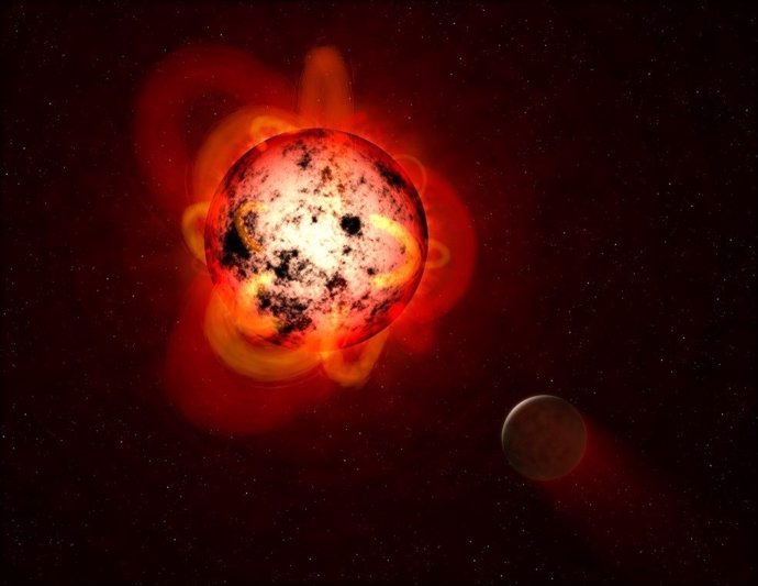 Ilustración de una enana roja orbitada por un exoplaneta