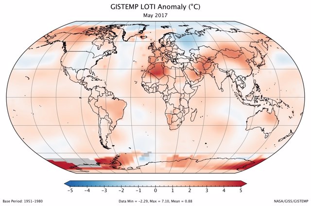 Anomalía de temperaturas en mayo de 2017