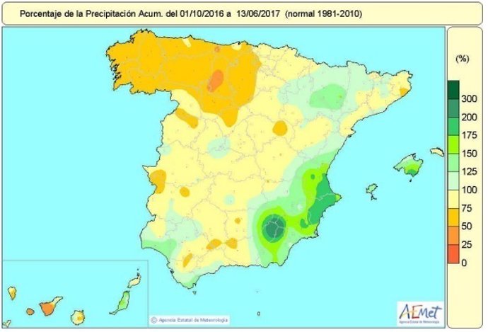 Distribución de lluvias acumuladas en España hasta el 13 de junio