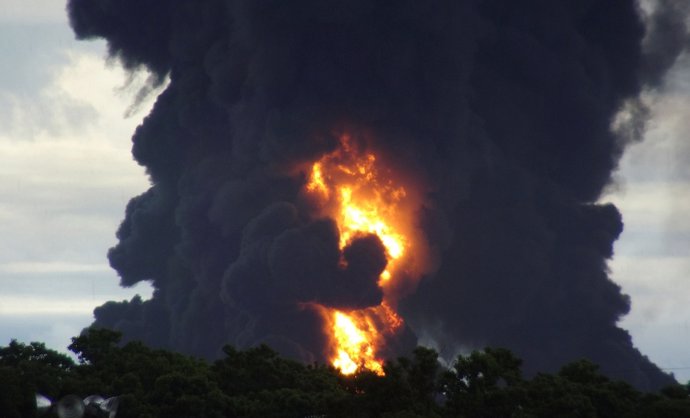 A general view shows smoke rising from a fire at Mexico's state-owned oil firm P