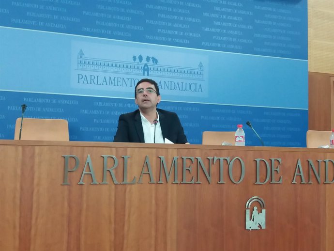 El portavoz parlamentario del PSOE-A, Mario Jiménez, en rueda de prensa