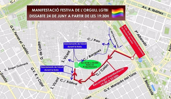 Recorrido de la manifestación en València del Orgullo LGTB