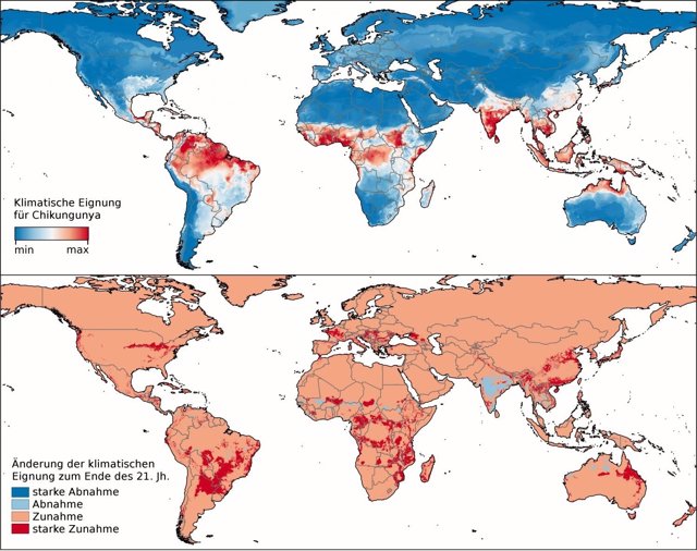 Las áreas en rojo muestran cómo crecerán las zonas de propagación del virus