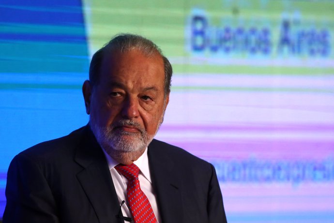 Mexican billionaire Carlos Slim attends a conference of the Circulo de Montevide