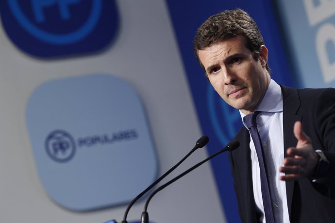 Rueda de prensa de Pablo Casado en la sede del PP