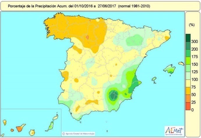 Distribución de las lluvias en España desde 1-oct-2016 a 27-junio-2017