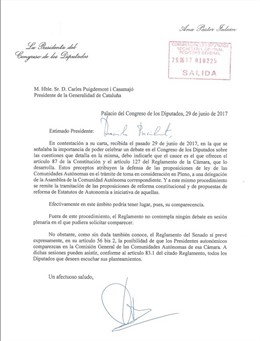 Carta de resposta de la pta.Congrés, A.Pastor, al pte.C.Puigdemont