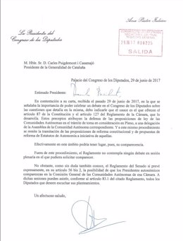 Carta de respuesta de la pta.Congreso, A.Pastor, al pte.C.Puigdemont