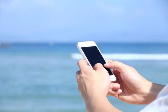 Móvil, playa, smartphone