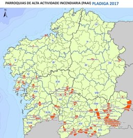 Mapa de parroquias de alta actividad incendiaria