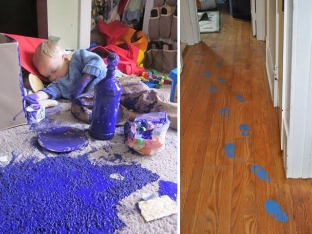 Niño pinta el suelo con pintura y se queda dormido