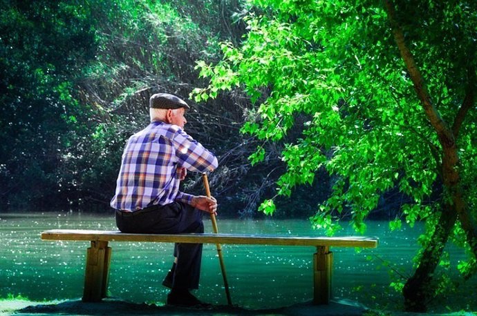 Anciano, mayor, meditando, meditar, lago, banco, sentado