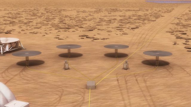 Impresión artística de un sistema de energía nuclear para hábitats en Marte