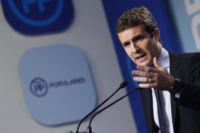 Rueda de prensa de Pablo Casado en la sede del PP