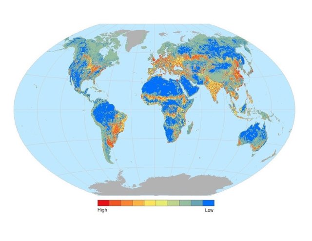 Mapa que muestra el grado de fragmentación de hábitats por desarrollo humano