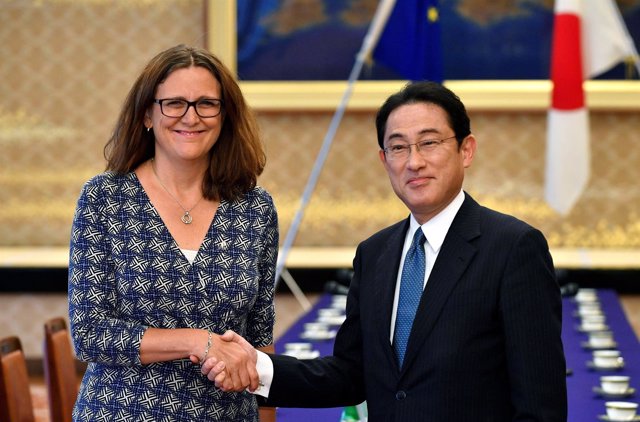 European Commissioner for Trade Cecilia Malmstrom (L) shakes hands with Japanese