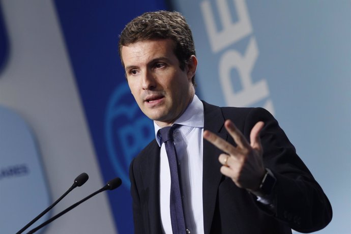 Rueda de prensa de Pablo Casado en la sede del PP