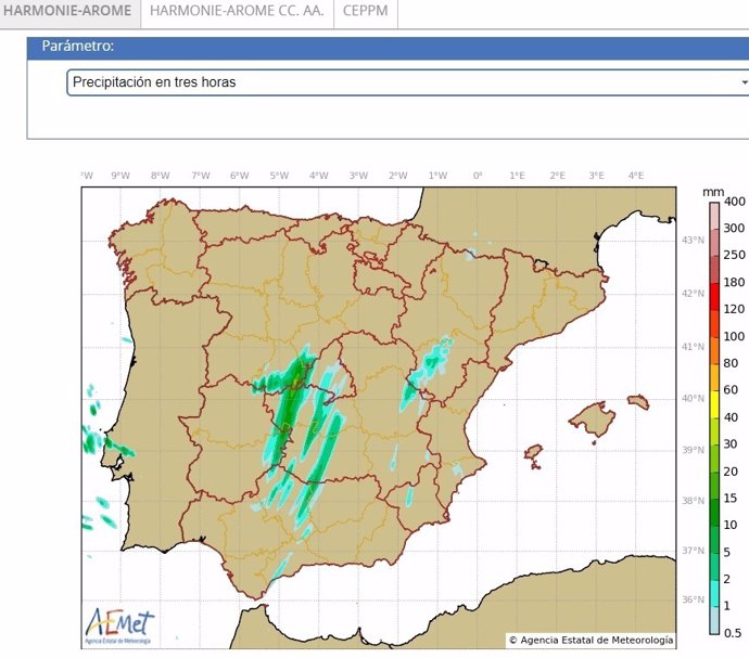 Mapa de predicción de precipitaciones con 'Harmonie-Arome'