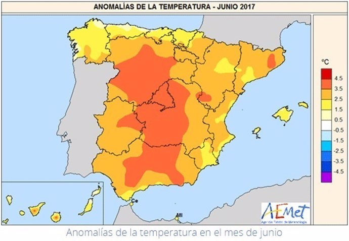 Mapa de anomalías térmicas en junio