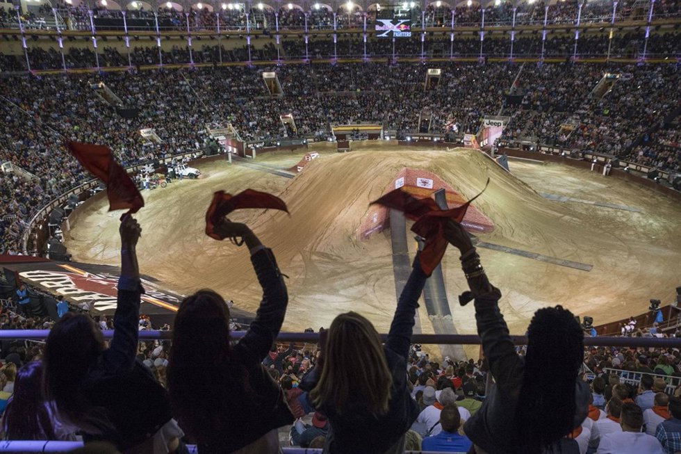 Fans celebrate during the Red Bull X-fighters in Madrid, Spain on July 7, 2017. 