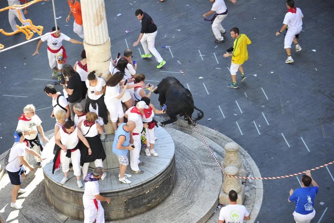 Los toros ensogados corren por la plaza del Torico.