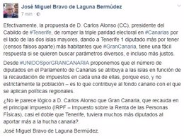 Post de Bravo de Laguna proponiendo diputados en función del IRPF