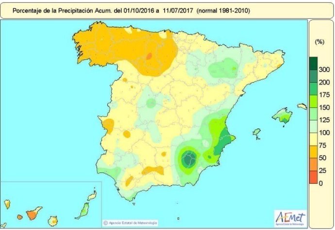 Distribución de las lluvias acumuladas desde 1-10-16 hasta el 14-7-17